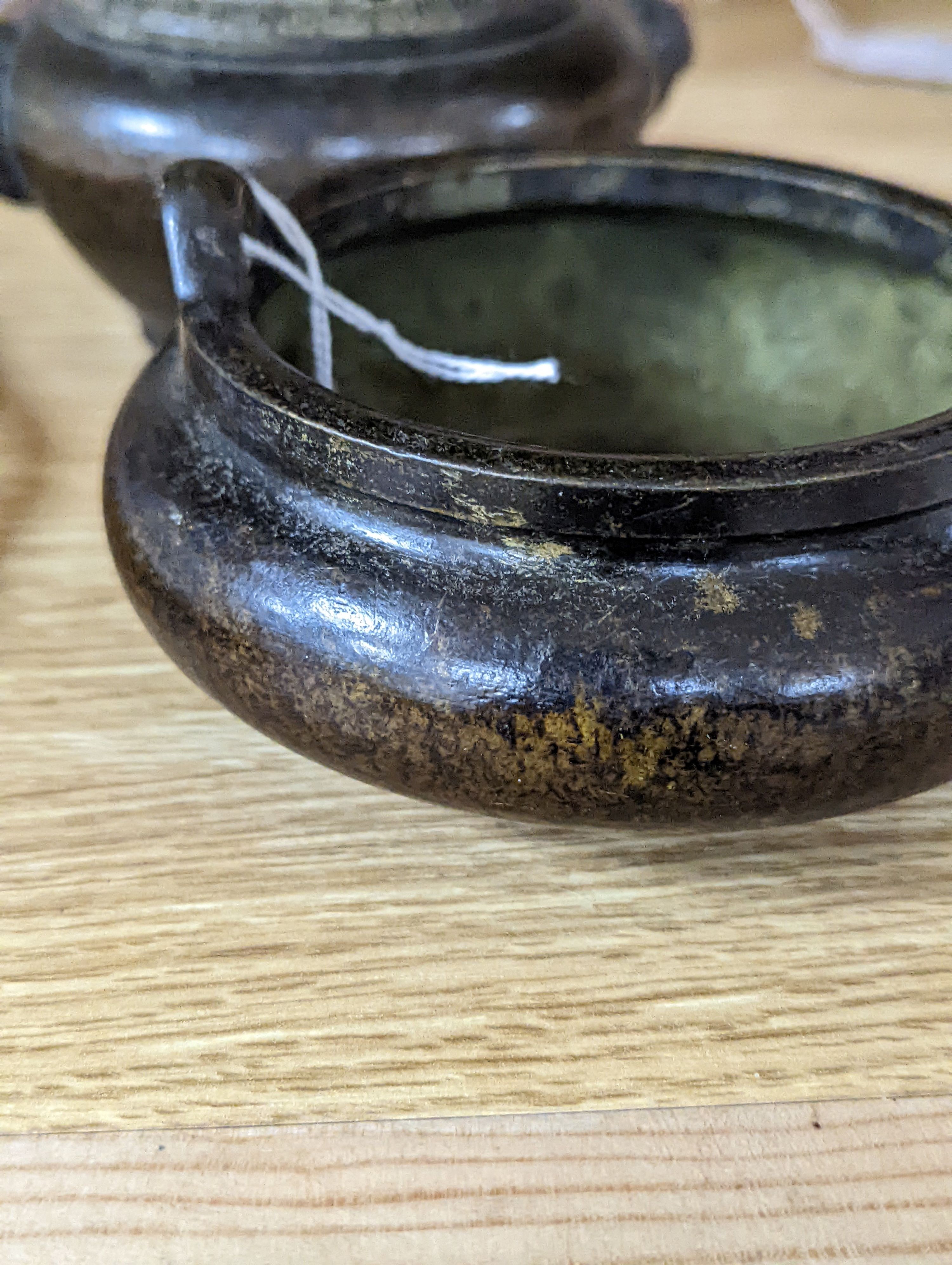 A Chinese bronze tripod censer and a Chinese bronze censer and cover 11cm